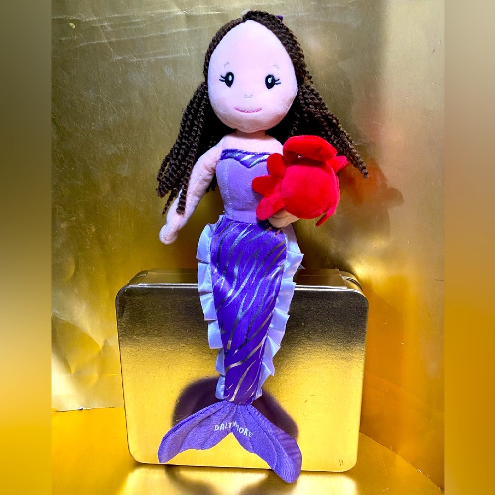 PURPLE MERMAID HOLDING  CRAB PLUSH BY THE PETTING ZOO DOLL HAS EMBROIDERED FACE